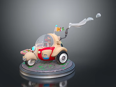 Beige Red Cartoon Car With Transparent Cabin Decorative Flags Smoke Trail On Display Platform 3d model