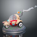 Beige Red Cartoon Car With Transparent Cabin Decorative Flags Smoke Trail On Display Platform