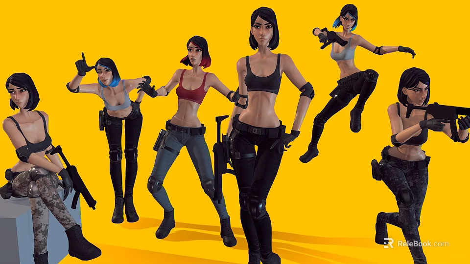 Women in Combat Outfits Holding Weapons Multiple Animated Characters with Diverse Poses on Yellow Background 3d model 
