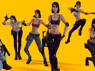 Women in Combat Outfits Holding Weapons Multiple Animated Characters with Diverse Poses on Yellow Background 3d model