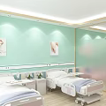 Hospital Ward With Light Green Walls Large Window Gray Curtains Two Beds And Decorative Paintings