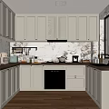 White Cabinet Kitchen With Marble Backsplash Wooden Floor And Appliances