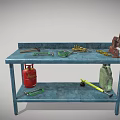 Blue Workbench with Shelf Red Gas Cylinder Yellow Tool Green Items and Tools