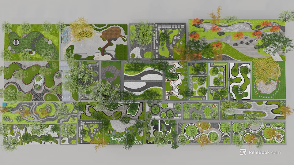 Diverse Garden Landscape Design Layouts With Green Spaces Curved Paths And Trees 3d model 