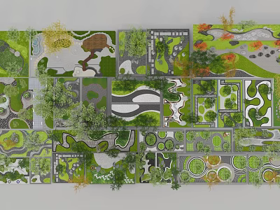 Diverse Garden Landscape Design Layouts With Green Spaces Curved Paths And Trees 3d model