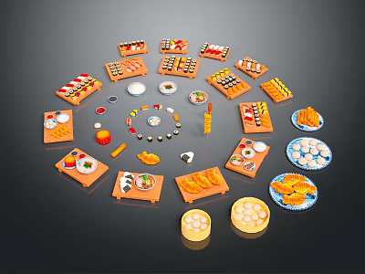 Assorted Foods Arranged in Circle on Wooden Trays and Plates Including Sushi Fruits Desserts 3d model