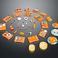 Assorted Foods Arranged in Circle on Wooden Trays and Plates Including Sushi Fruits Desserts