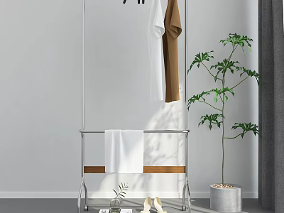 Modern Clothes Rack With White And Brown Clothes Hanging And Green Plant In Minimalist Room 3d model