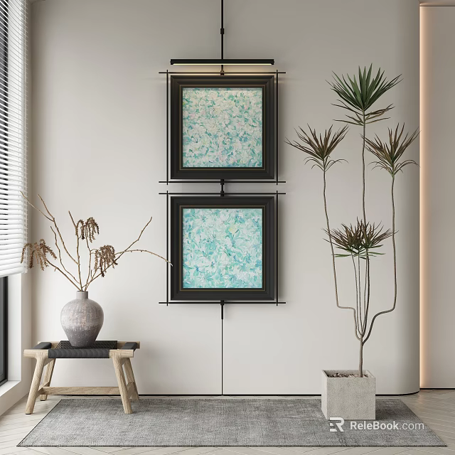 Abstract Paintings On Wall With Decorative Plants Vase And Wooden Stool In Interior 3d model 