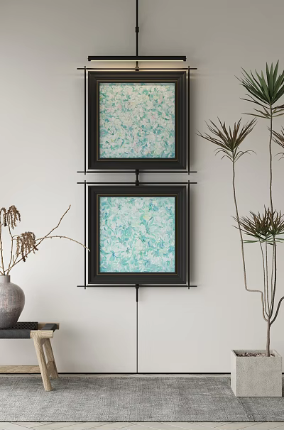 Abstract Paintings On Wall With Decorative Plants Vase And Wooden Stool In Interior 3d model