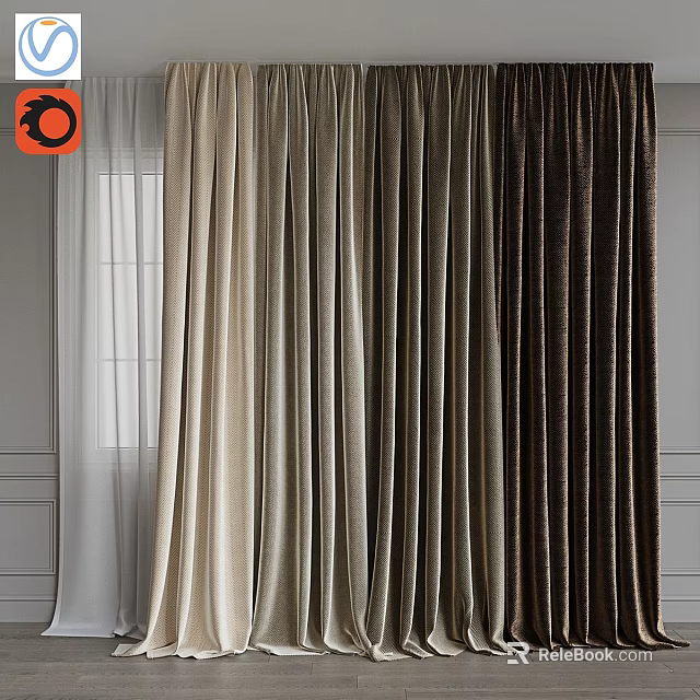 Elegant Modern Curtains With Beige Brown And White Sheer Velvet Fabric For Window Interior 3d model 