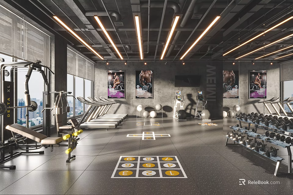 Spacious Modern Gym Interior With Treadmills Dumbbells And Training Markers 3d model 