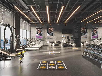 Spacious Modern Gym Interior With Treadmills Dumbbells And Training Markers 3d model