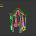 Decorative Pavilion with Black Metal Frame Ornate Spire Curved Metal Designs and Red Fabric Interior