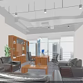 Modern Office Interior With Open Layout Large Windows City View Sofas Desk Bookshelf And Plants 3d model