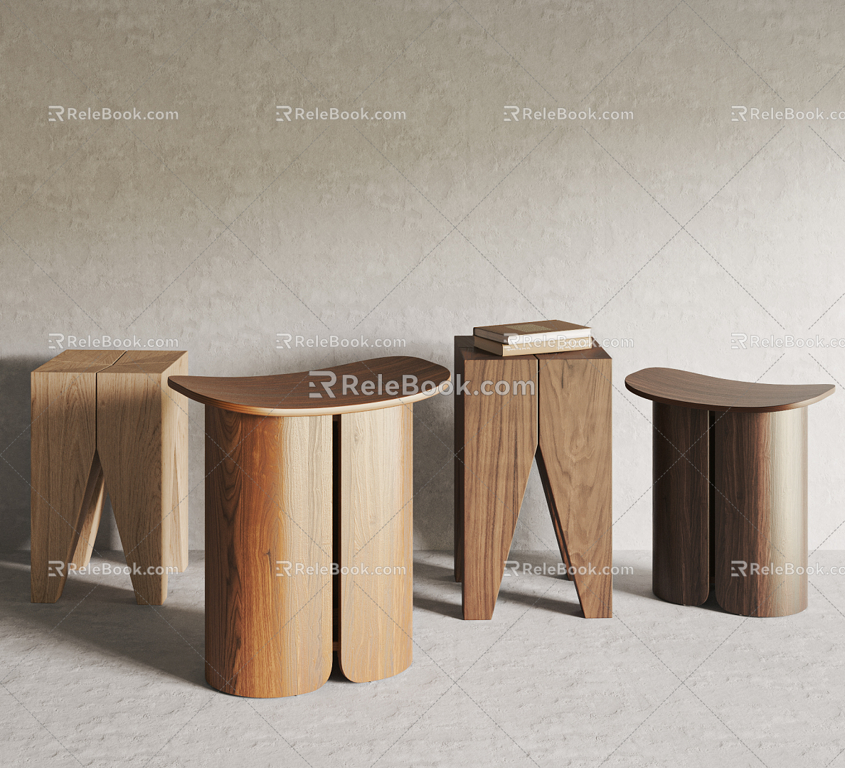 Nordic stool solid wood stool combination 3d model