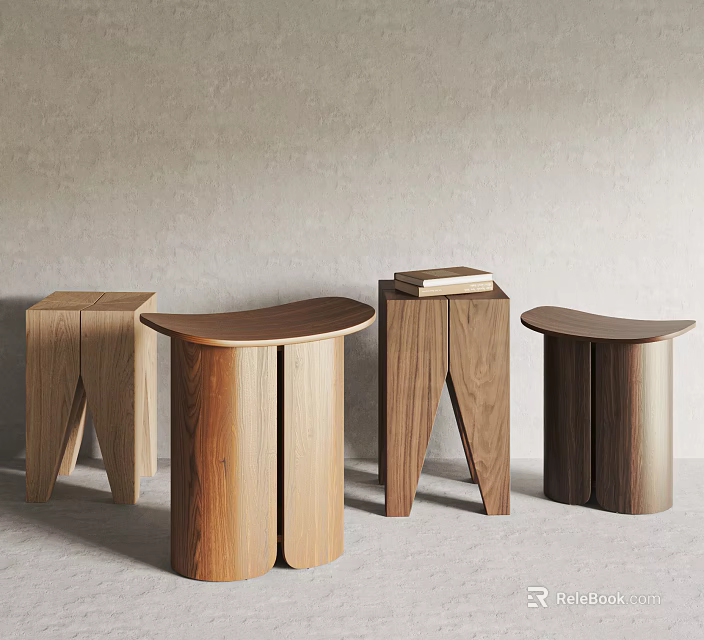 Modern Wooden Stools With Minimalist Design And Various Styles For Home Interior 3d model 
