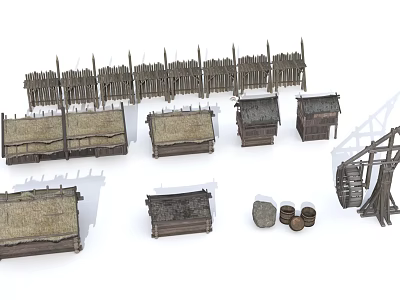 Ancient Architecture Models Featuring Traditional Wooden Structures Thatched Roofs Stone Mill And Wooden Barrels 3d model