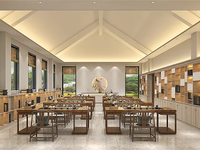 Traditional Modern Cultural Center Interior With Wooden Tables Chairs And Round Decorative Painting 3d model