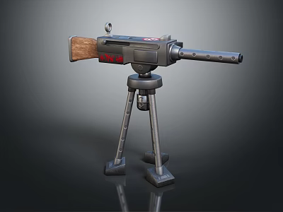 Detailed Machine Gun 3D Model With Tripod Stand Long Barrel Metal Structure And Wooden Grip 3d model