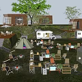Scenic Camping Site with Tents Picnic Tables Chairs Trees and Sunset Hills