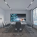 Modern Conference Room With Large Screen Welcome Display Office Chairs And City View Through Windows