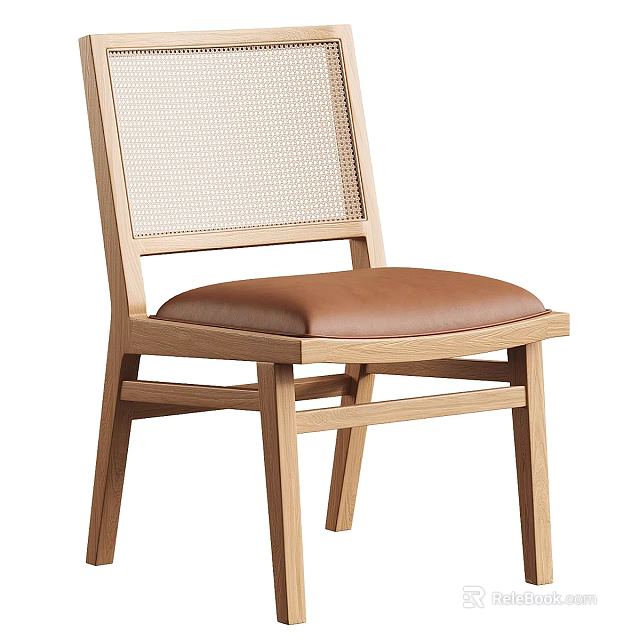 Wooden Leisure Chair With Rattan Backrest And Brown Leather Seat 3d model 