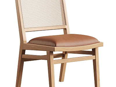 Wooden Leisure Chair With Rattan Backrest And Brown Leather Seat 3d model