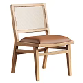 Wooden Leisure Chair With Rattan Backrest And Brown Leather Seat