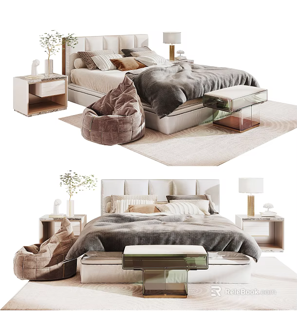Modern Double Bed with Light Headboard Pillows Bedside Tables and Bean Bag Chair 3d model 
