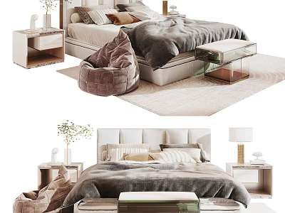 Modern Double Bed with Light Headboard Pillows Bedside Tables and Bean Bag Chair 3d model