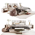 Modern Double Bed with Light Headboard Pillows Bedside Tables and Bean Bag Chair