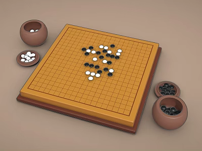 Traditional Go Board Game Entertainment with Black and White Stones and Bowls 3d model