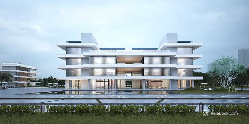 Modern Multi Story Office Building With Glass Curtain Walls White Facade Water Pool And Greenery 3d model 