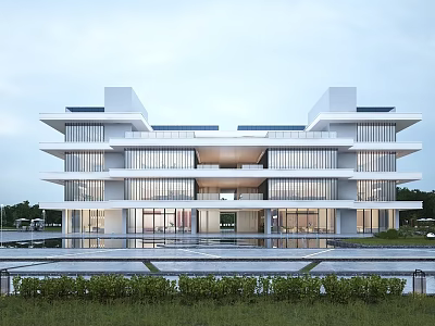 Modern Multi Story Office Building With Glass Curtain Walls White Facade Water Pool And Greenery 3d model
