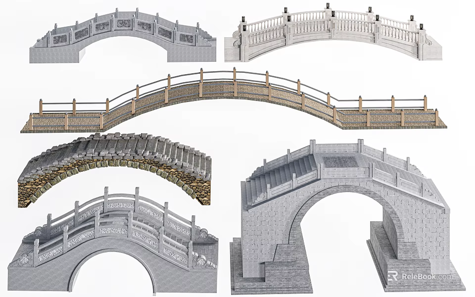 Landscape Bridge Featuring Arch Structures Stone And Wooden Railings Various Designs 3d model 