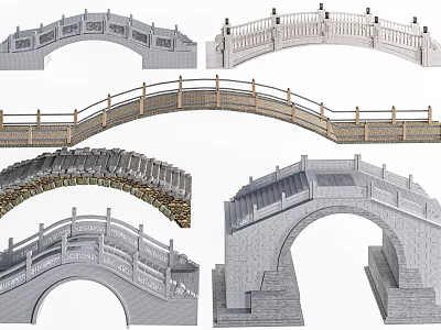 Landscape Bridge Featuring Arch Structures Stone And Wooden Railings Various Designs 3d model