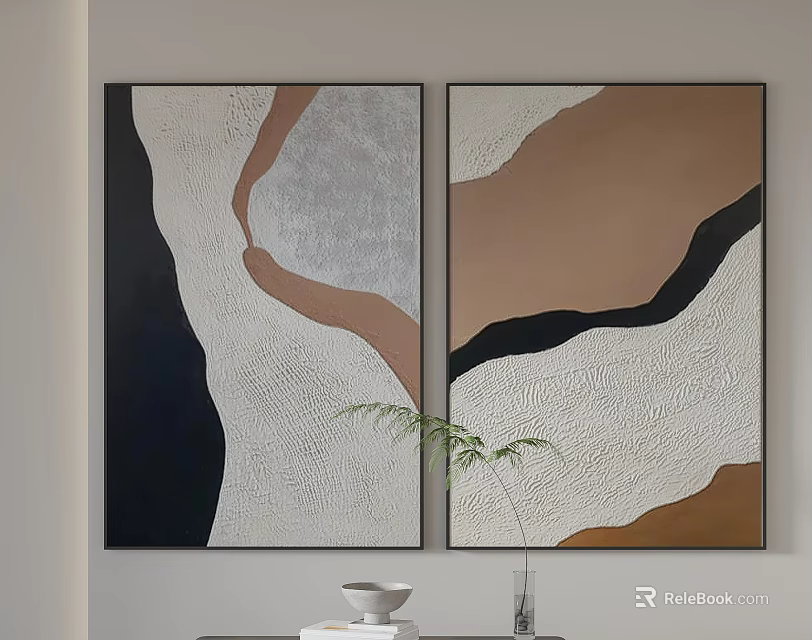 Two Abstract Paintings With Brown White Black Gray Tones And Curved Lines For Wall Decor 3d model 