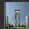 Tall Modern Residential Building With Many Windows Surrounded By Lush Greenery And Other Buildings