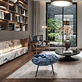 Modern Living Dining Room Interior Design With Sofa Coffee Table Bookshelf Window And Painting