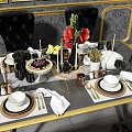 Elegant Dining Table Set With Black Chairs Red Flowers And Decorative Tableware 3d model