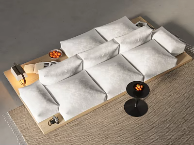 White Plush Leisure Sofa Set With Comfortable Cushions Wooden Frame Side Table On Carpet 3d model