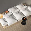 White Plush Leisure Sofa Set With Comfortable Cushions Wooden Frame Side Table On Carpet