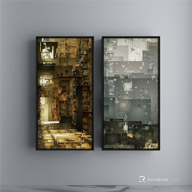 Two Abstract Framed Wall Artworks With Warm And Cool Tones Geometric Patterns 3d model