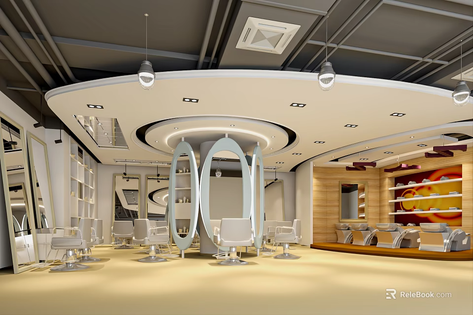 Contemporary Beauty Salon Interior With Round White Ceiling Hanging Lights And Styling Chairs 3d model 