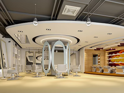 Contemporary Beauty Salon Interior With Round White Ceiling Hanging Lights And Styling Chairs 3d model
