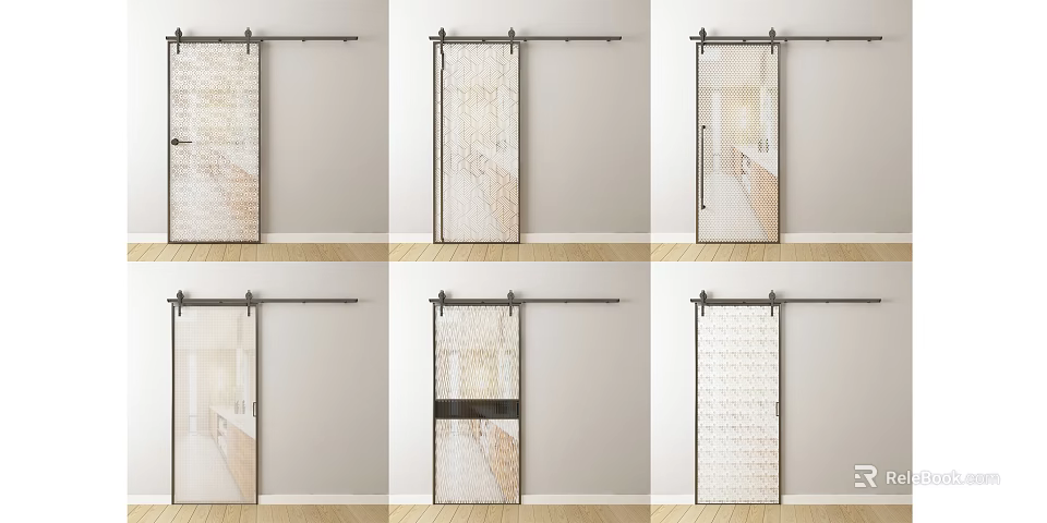 Various Stylish Barn Door Designs With Glass Panels And Black Sliding Tracks 3d model 