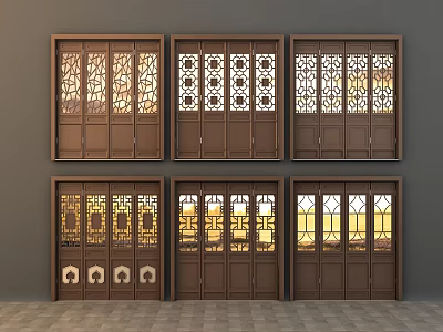 Brown Folding Doors With Various Carved Glass Designs Mounted On Gray Wall For Interior 3d model