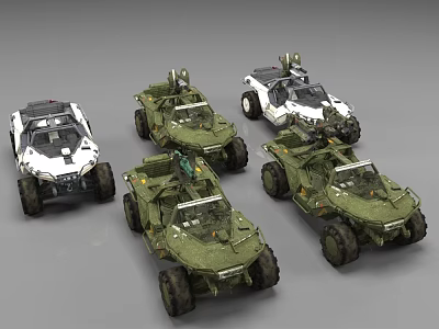 Multiple Green And White Utility Vehicles With Off Road Design And Roof Equipment 3d model