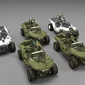 Multiple Green And White Utility Vehicles With Off Road Design And Roof Equipment